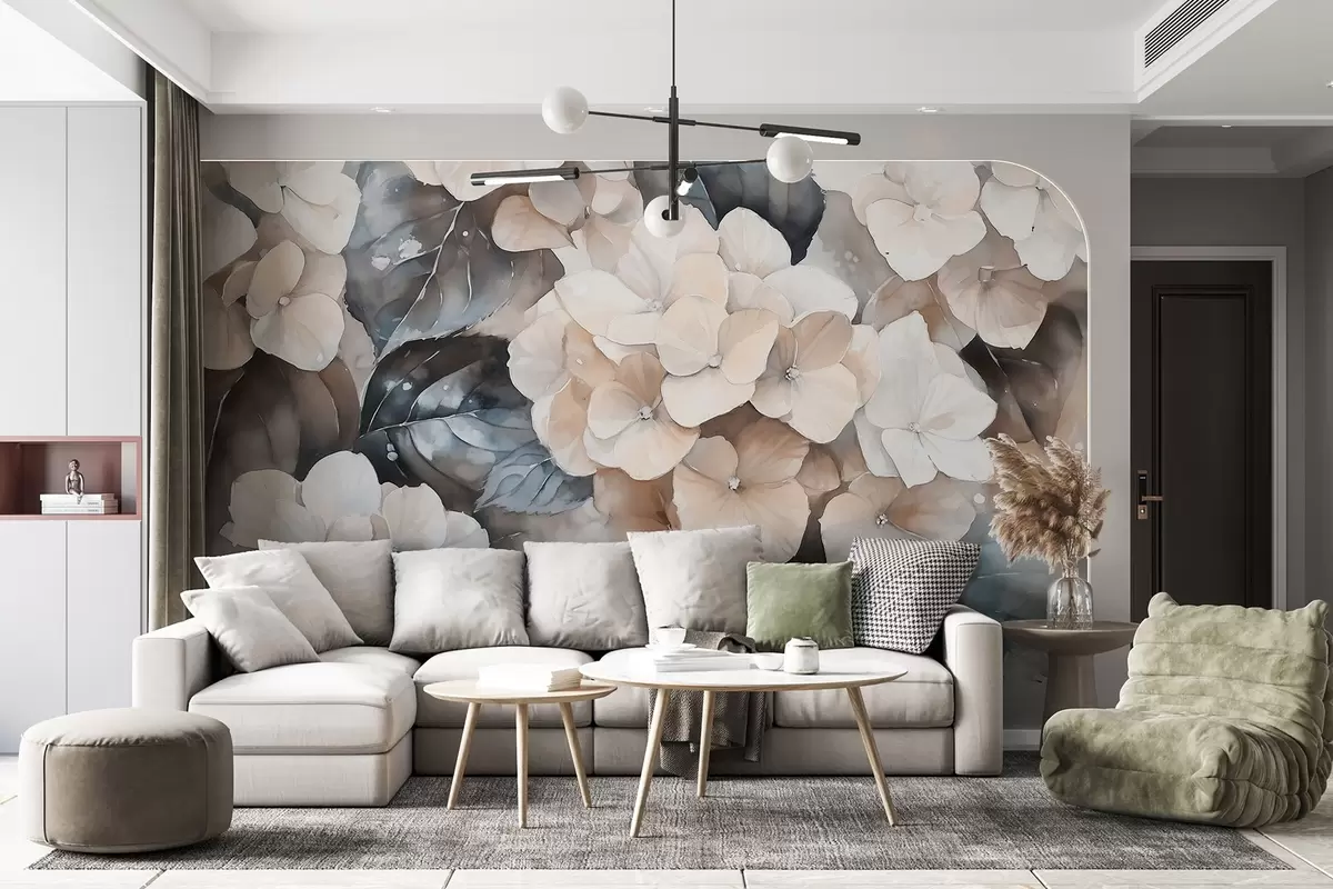 zidne murale Cvjetovi hortenzije, crtež u stilu akvarela, bež boje, cvjetni w02488