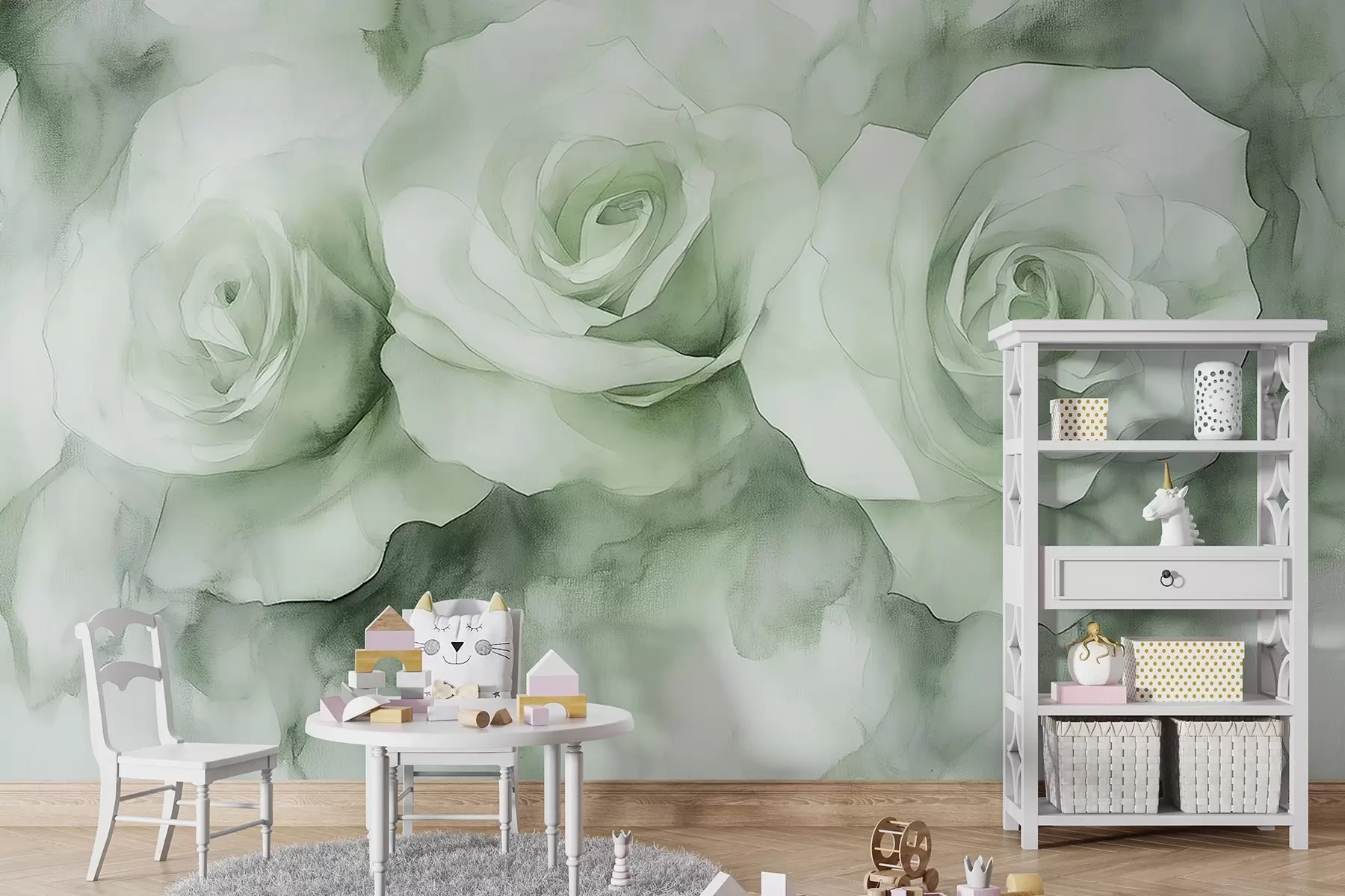 zidne murale Prekrasne ruže, stil akvarela, zelene boje, boemski w02492v2