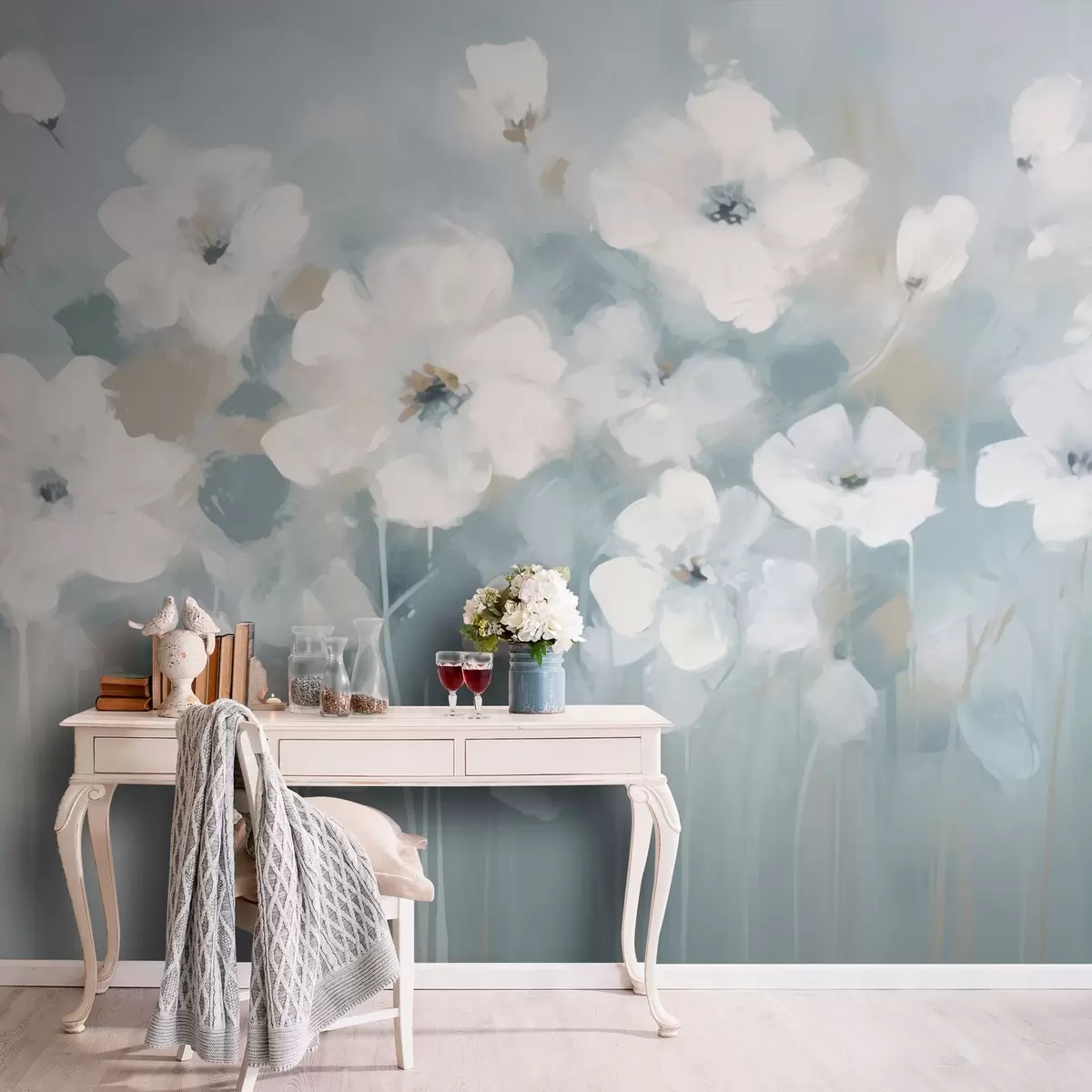 zidne murale Nježni bijeli cvjetovi plave boje w08542v2