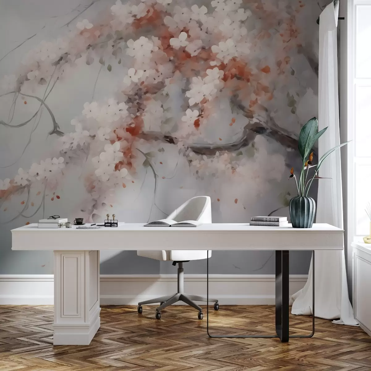 zidne murale Apstraktna grana s bijelim i crvenim cvjetovima imitacija slike w02594