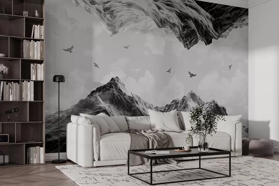 zidne murale Planinski pejzaž, realizam, leteće ptice, priroda, oblaci, crno-bijele boje w02514