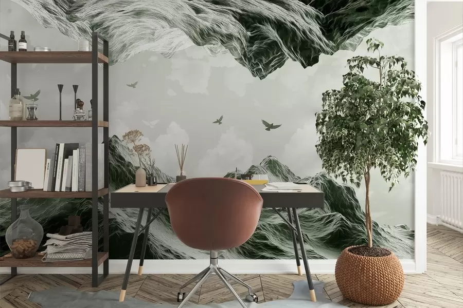 zidne murale Planinski pejzaž, realizam, leteće ptice, priroda, oblaci, zelene boje w02514v3