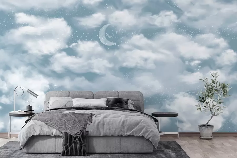 zidne murale Zvjezdano nebo s mjesecom i oblacima, sanjive, eterične, nježno plave boje w02515v1