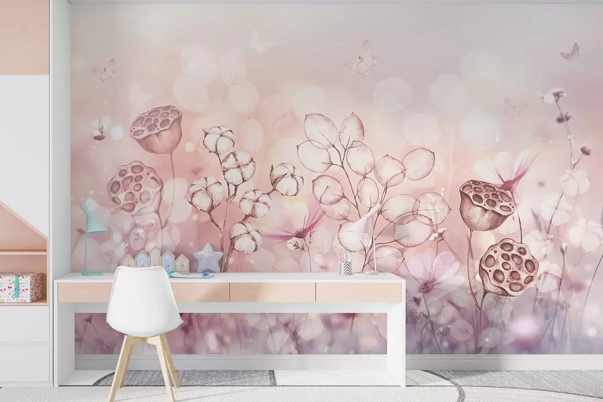 zidne murale Sanjivi cvjetnjak, leptir, cvijeće pamuka, lotosi, ružičaste boje w02516