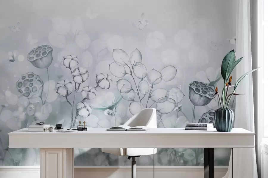 zidne murale Sanjivi cvjetnjak, leptir, cvijeće pamuka, lotosi, sive boje w02516v2