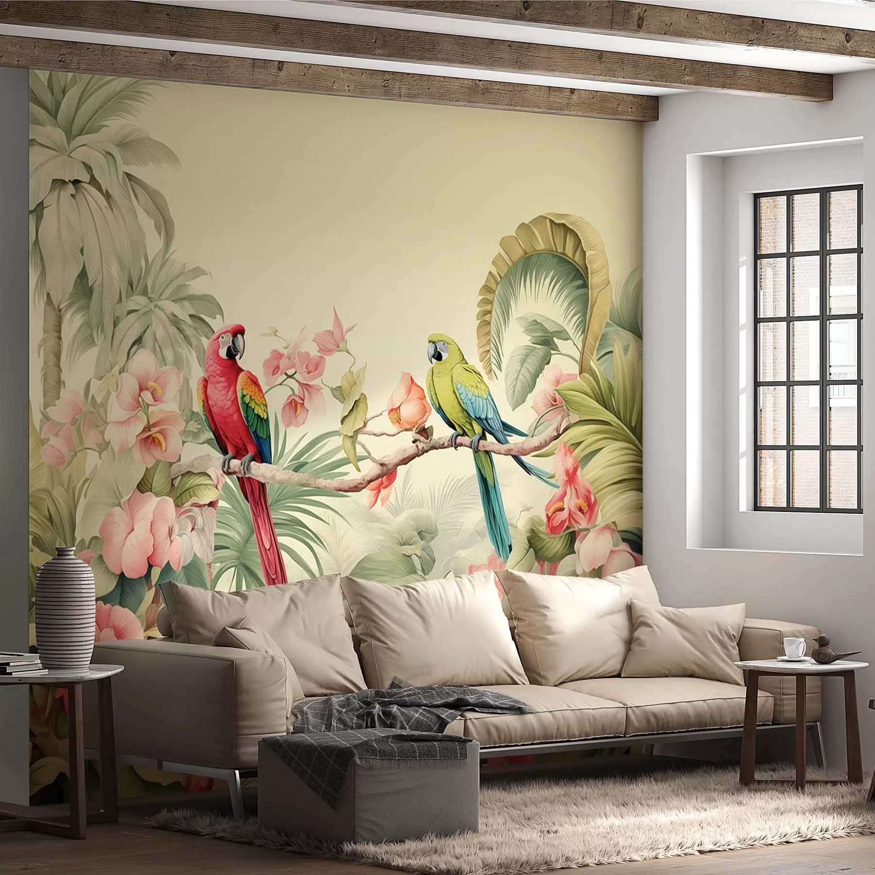 zidne murale Dvije papige u tropskom grmlju w08507