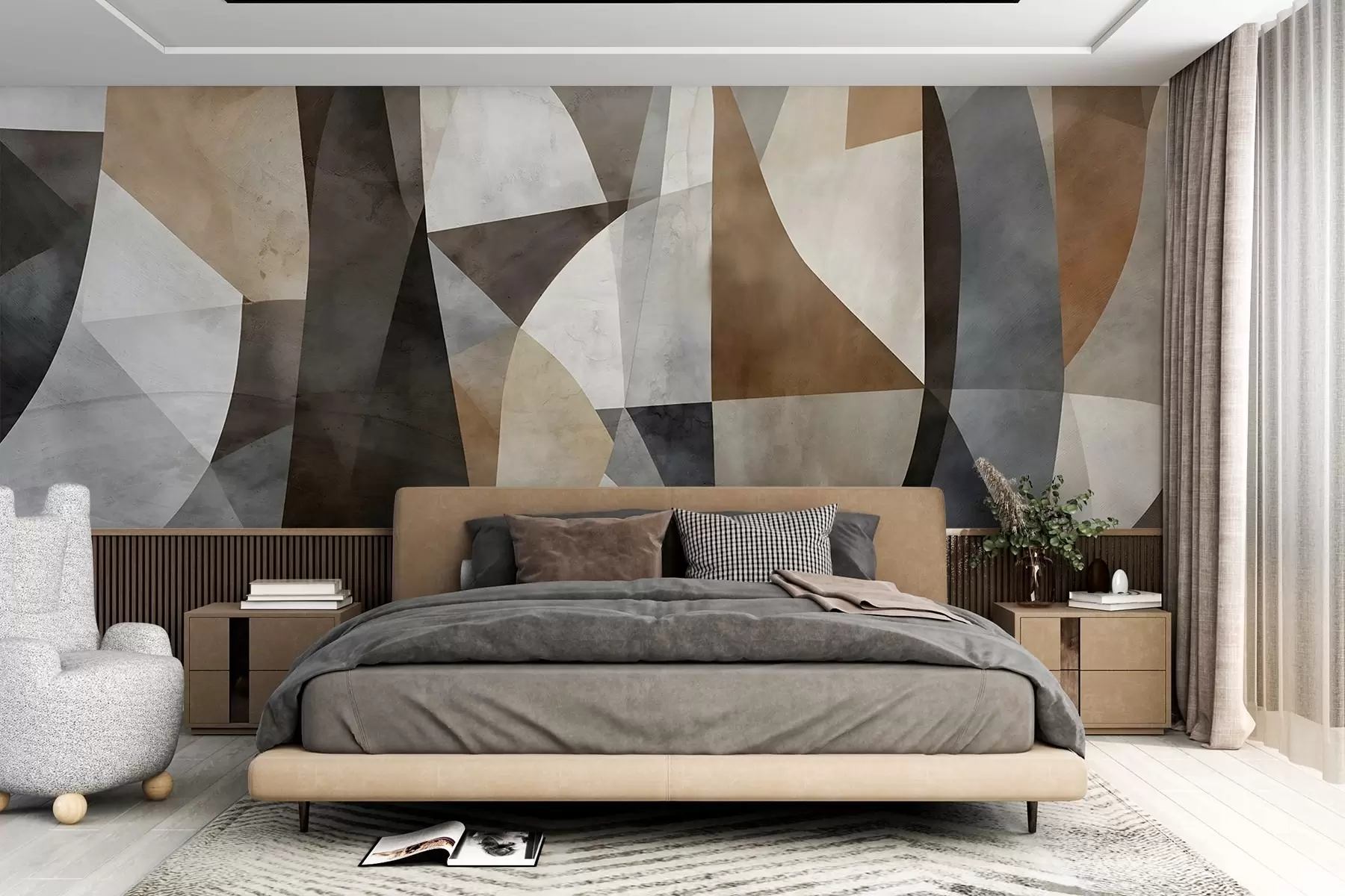 zidne murale Apstraktna moderna umjetnost teksturnih geometrijskih oblika u nijansama smeđe, sive i bež boje w08530