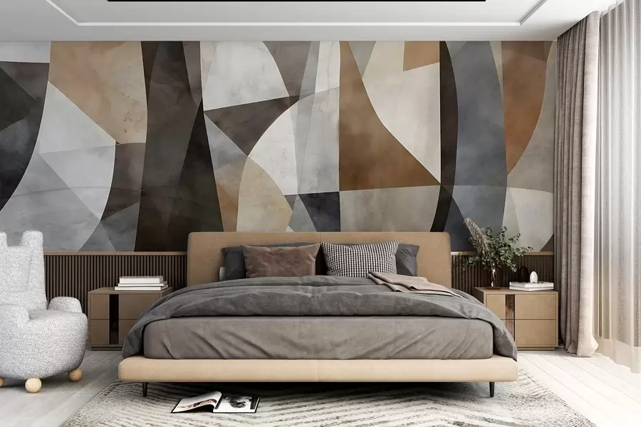 zidne murale Apstraktna moderna umjetnost teksturnih geometrijskih oblika u nijansama smeđe, sive i bež boje w08530