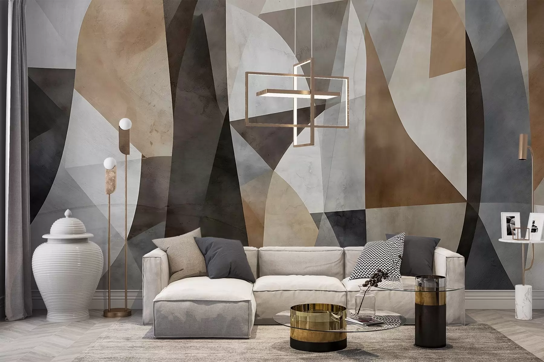 zidne murale Apstraktna moderna umjetnost teksturnih geometrijskih oblika u nijansama smeđe, sive i bež boje w08530