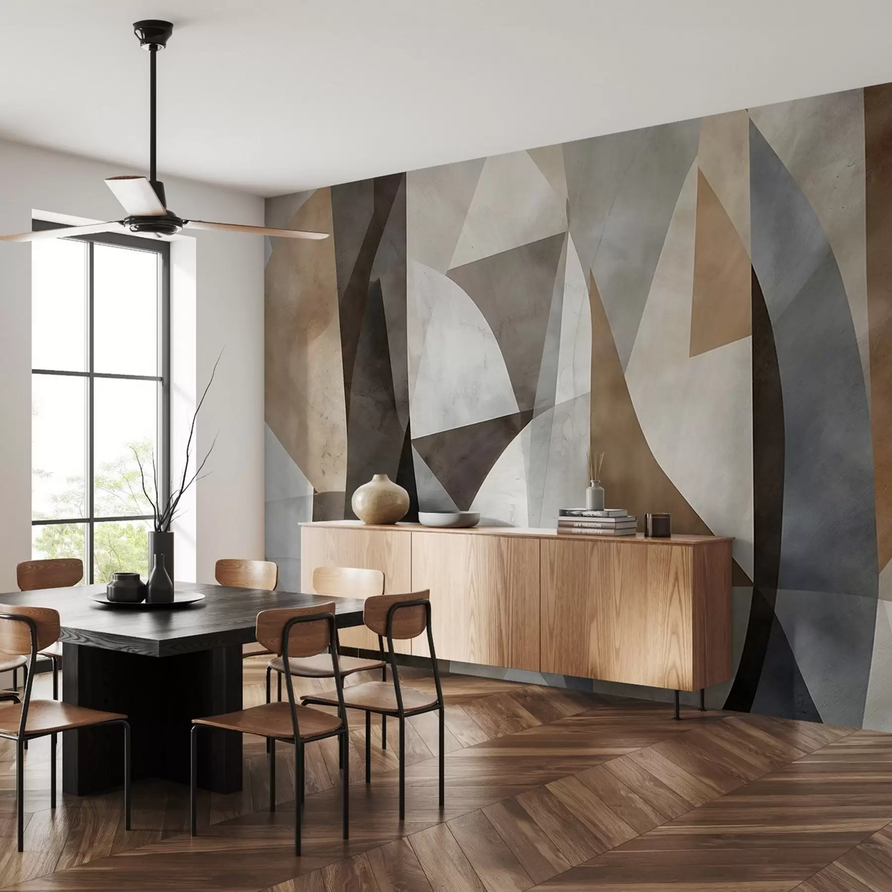 zidne murale Apstraktna moderna umjetnost teksturnih geometrijskih oblika u nijansama smeđe, sive i bež boje w08530