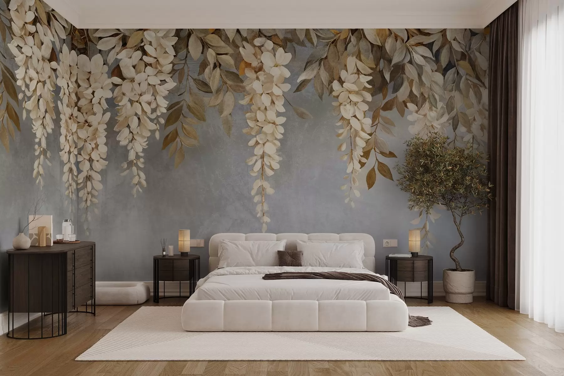 zidne murale Nježni bijeli i svijetlo bež cvjetovi glicinije s lišćem koje se spušta prema nježno sivoj pozadini w08531