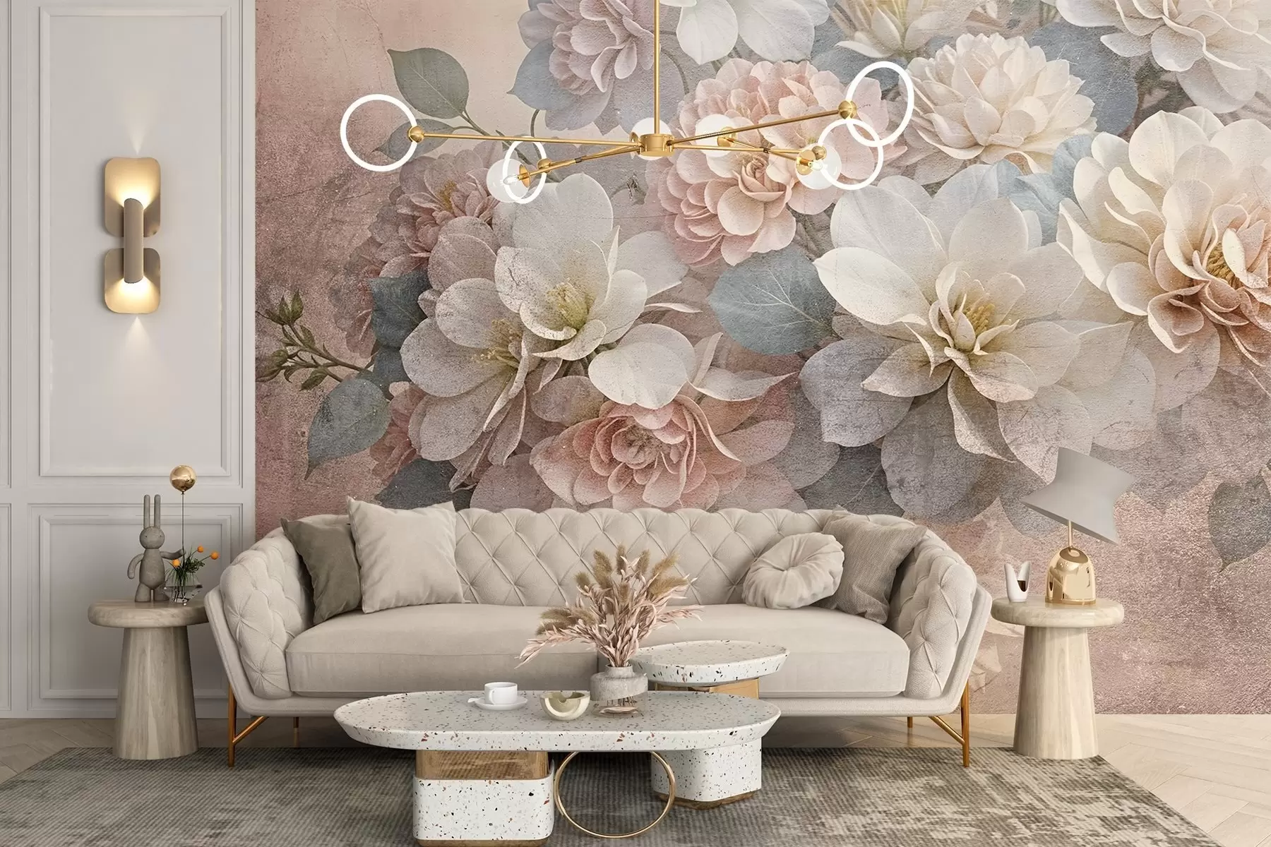 zidne murale Mekani teksturalni ispis s breskvom i bijelim cvjetovima božura sa zelenim lišćem na bež pozadini w08534