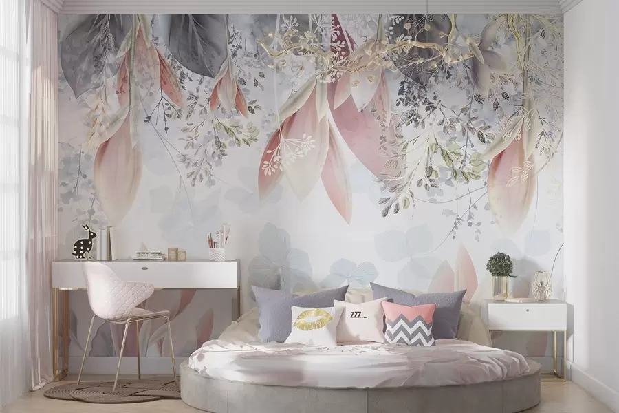 zidne murale Nježni cvjetni print pastelnih boja s nježnim laticama i listovima u nijansama ružičaste, bijele i sive w08538