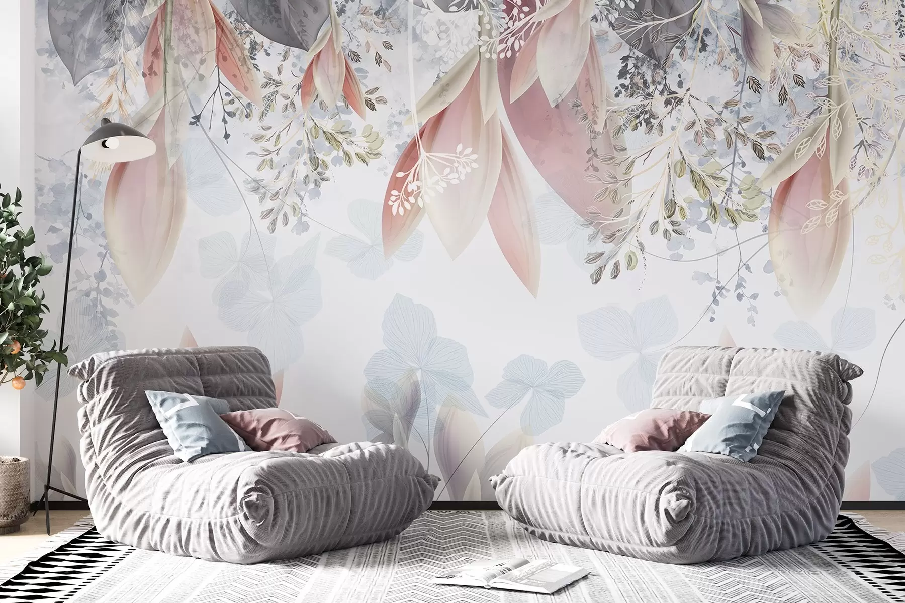 zidne murale Nježni cvjetni print pastelnih boja s nježnim laticama i listovima u nijansama ružičaste, bijele i sive w08538