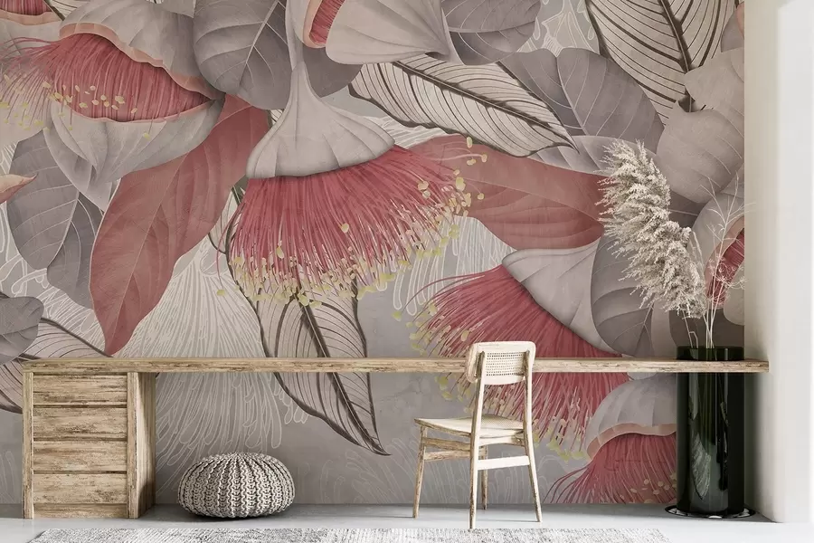 zidne murale Botanička ilustracija velikih cvjetova eukaliptusa s dugim prašnicima na sivoj i bijeloj pozadini w08539