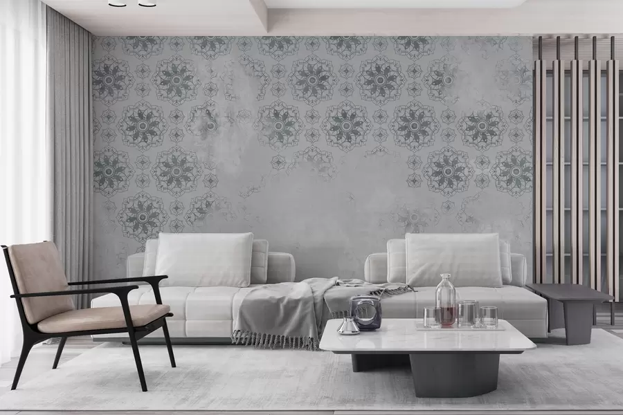 zidne murale Vintage dizajn s elementima mandala i očajnim efektom u svijetlo sivoj boji w02551v2