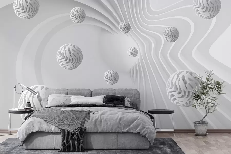 zidne murale 3D siva apstrakcija sa sferama i efektom dubine w08553