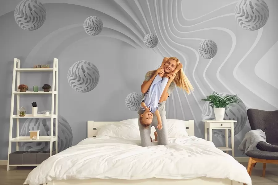 zidne murale 3D siva apstrakcija sa sferama i efektom dubine w08553