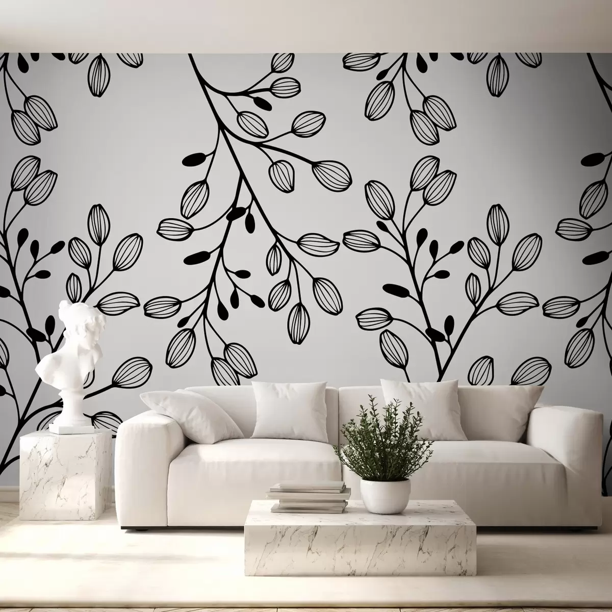 zidne murale naslikane grančice na sivoj pozadini w02665v1