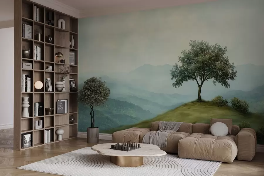 zidne murale panorama s drvetom na brdu w02683