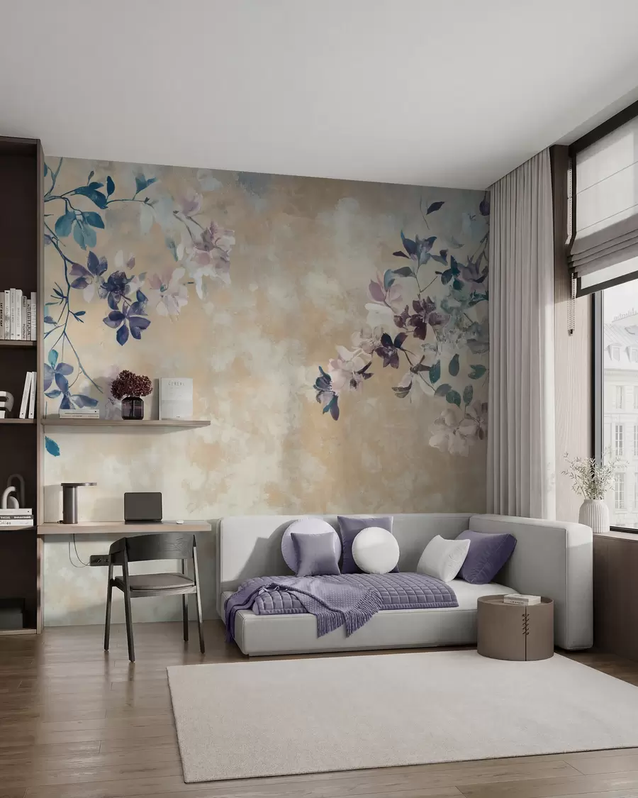 zidne murale tapeta u retro stilu s granama i cvijećem w02686