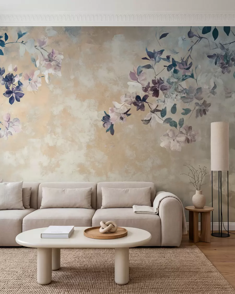 zidne murale tapeta u retro stilu s granama i cvijećem w02686