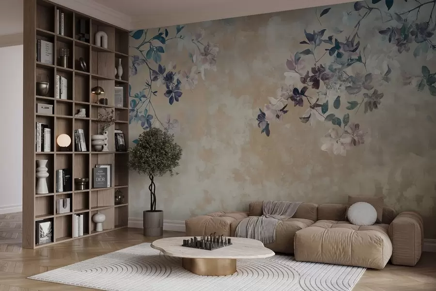 zidne murale tapeta u retro stilu s granama i cvijećem w02686