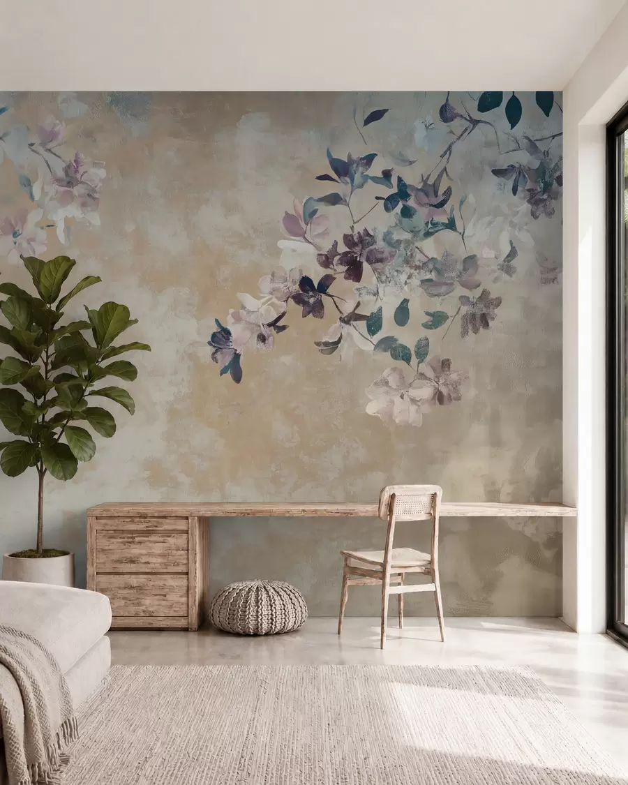 zidne murale tapeta u retro stilu s granama i cvijećem w02686