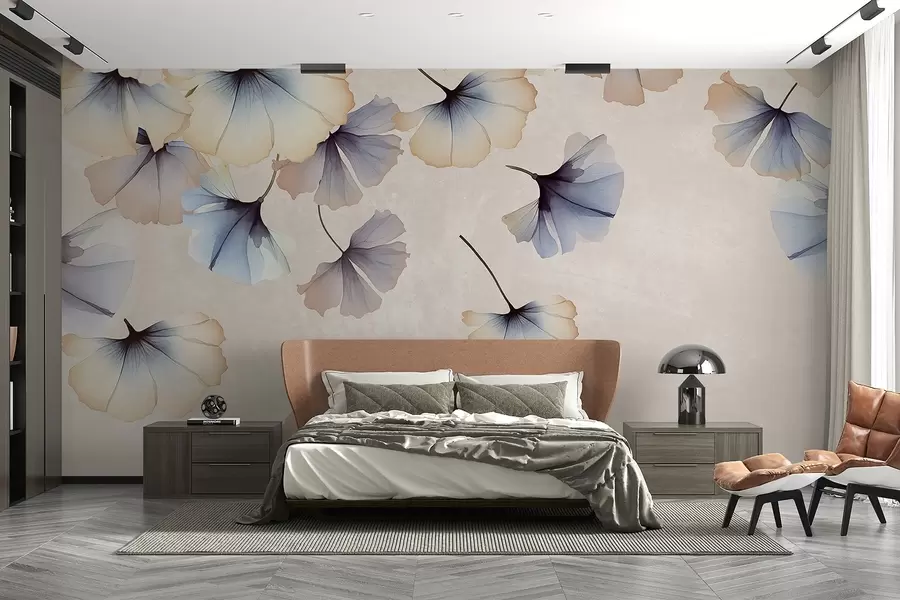 zidne murale Pastelno plavo i bež lišće ginka s nježnim laticama koje lebde u zraku na teksturalnoj pozadini w08578