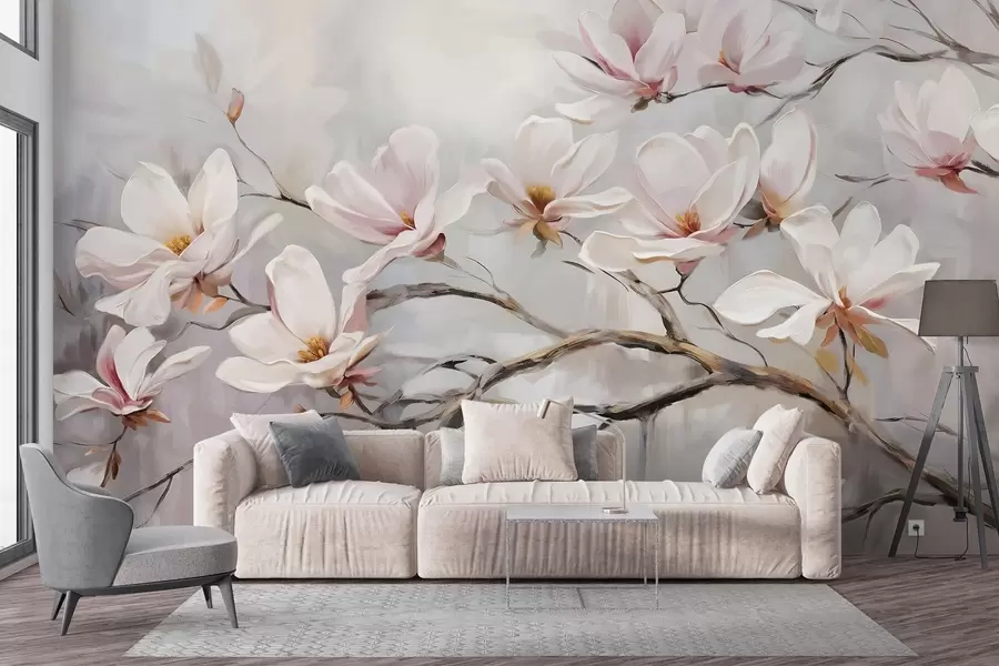 zidne murale Nježni ružičasti cvjetovi magnolije cvjetaju na golim granama drveća na mekoj, maglovitoj pozadini w08589