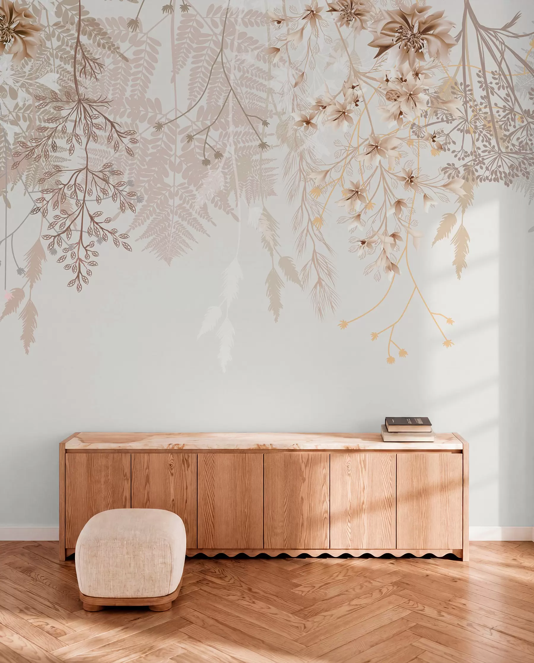 zidne murale Nježne cvjetne grane i trava s bijelim, sivim i bež cvjetovima koji se spuštaju niz svijetlu pozadinu w08598