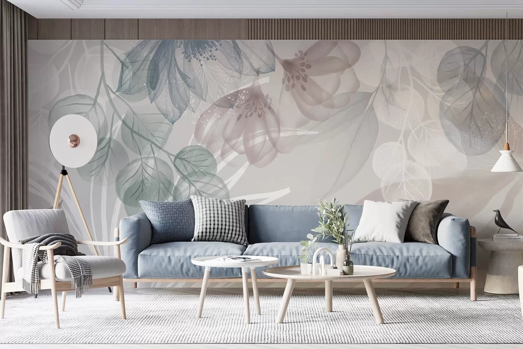 zidne murale Cvjetni print pastelnih boja s prozirnim velikim apstraktnim cvjetovima i lišćem u nijansama sive, ružičaste i zelene w08600