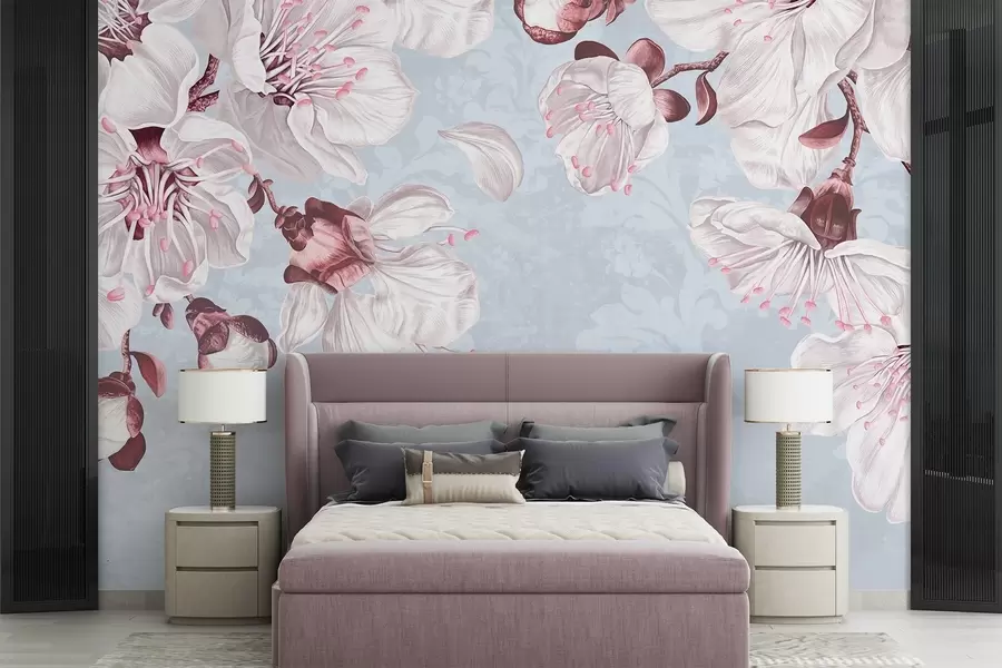 zidne murale Cvjetni print s velikim ružičastim i bijelim cvjetovima trešnje na svijetloplavoj teksturalnoj pozadini w08601