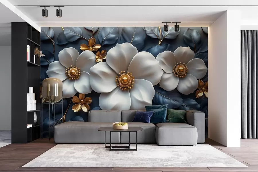 zidne murale Veliki bijeli cvjetovi na elegantnoj plavoj pozadini s lišćem w08559