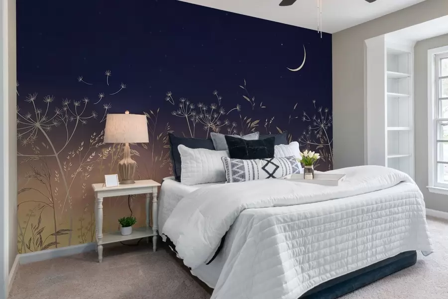 zidne murale Maslačci s poljskim cvijećem na pozadini zalaska sunca s plavim nebom i mjesecom w08567