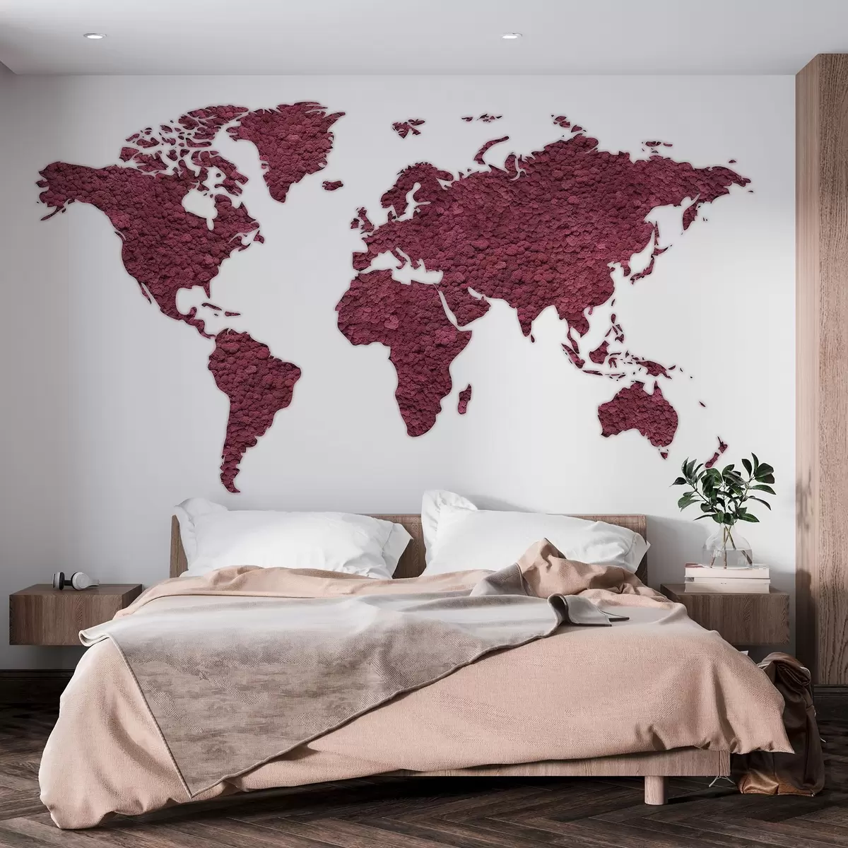 zidne murale Karta svijeta s mahovinom, prirodom, bordo paletom boja  w02657v5