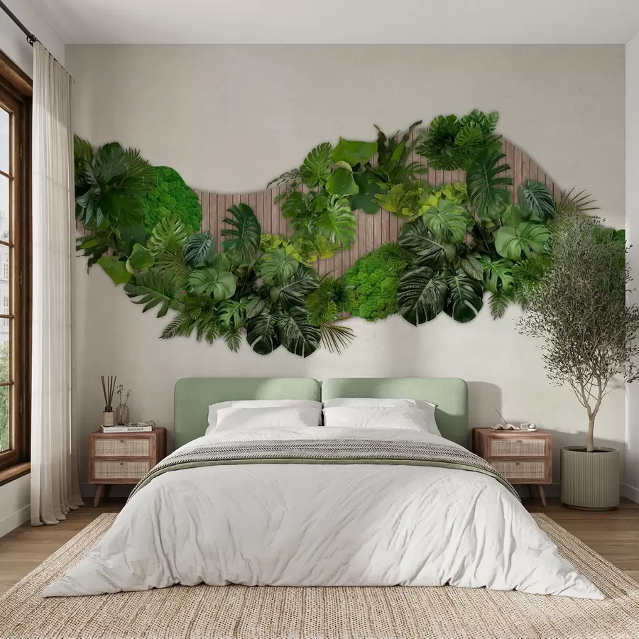 zidne murale Cvjetni panel s palminim lišćem, mahovinom i drvenom pozadinom w02717