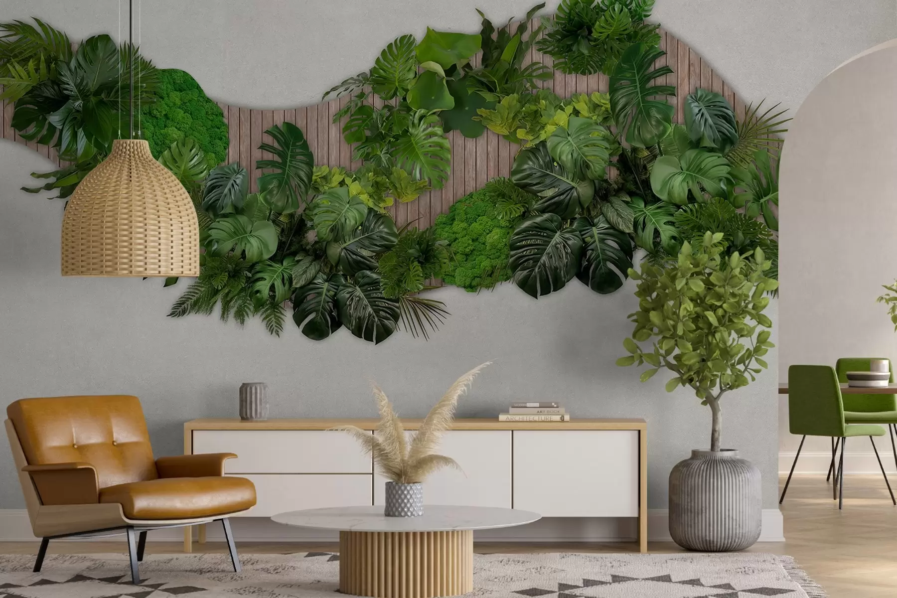 zidne murale Cvjetni panel s palminim lišćem, mahovinom i drvenom pozadinom w02717