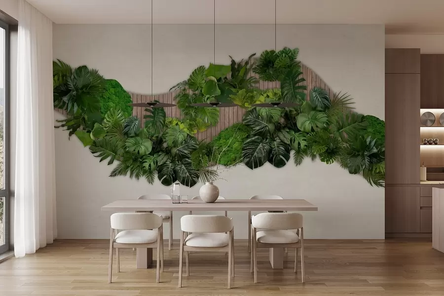 zidne murale Cvjetni panel s palminim lišćem, mahovinom i drvenom pozadinom w02717