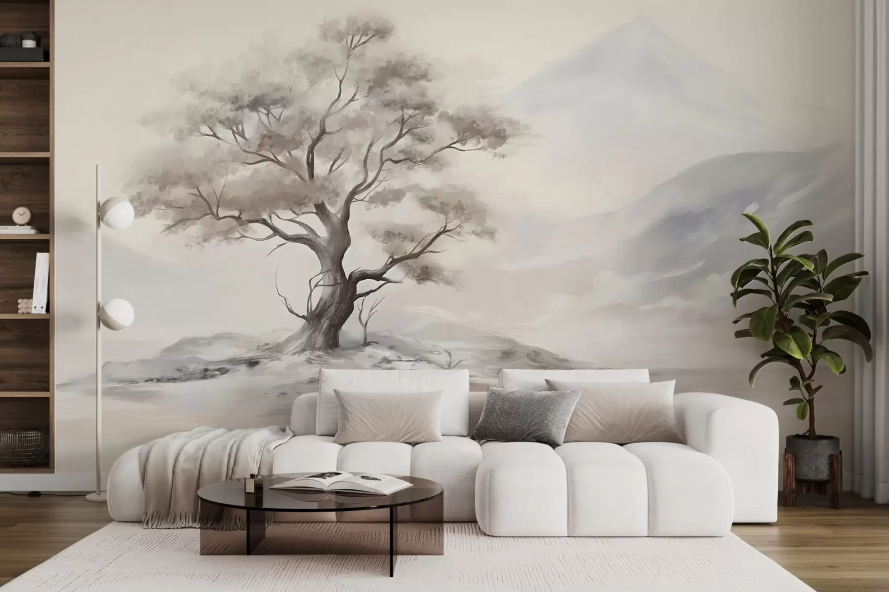 zidne murale Minimalistički crtež usamljenog, iskrivljenog stabla u pustom, stjenovitom krajoliku s planinama u pozadini  w08604