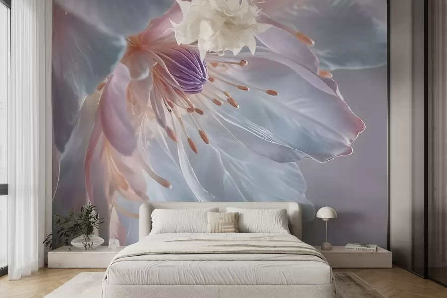 zidne murale Krupni plan nježnog cvijeta pastelne boje s mekim, prozirnim laticama i živahnim središtem w08605