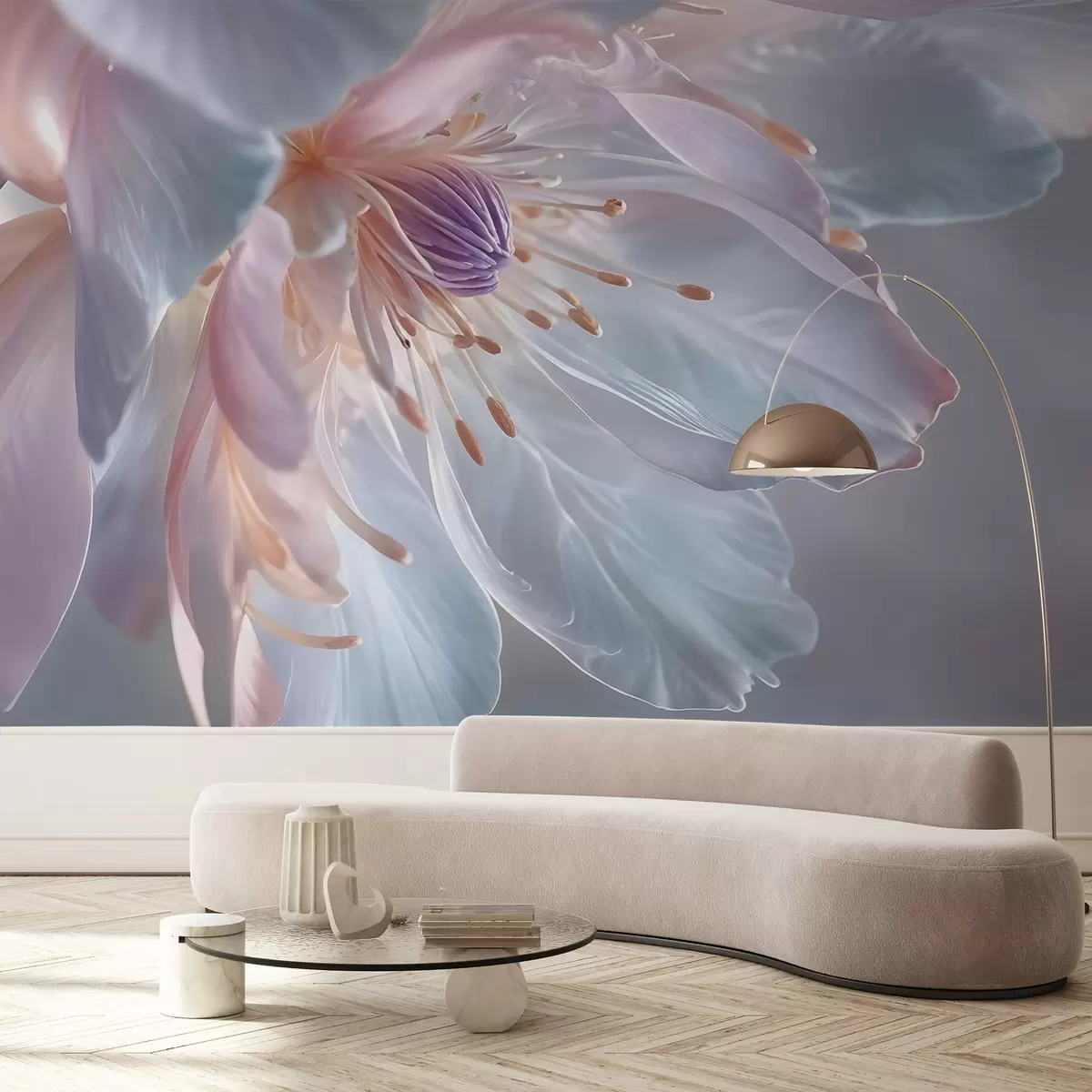 zidne murale Krupni plan nježnog cvijeta pastelne boje s mekim, prozirnim laticama i živahnim središtem w08605