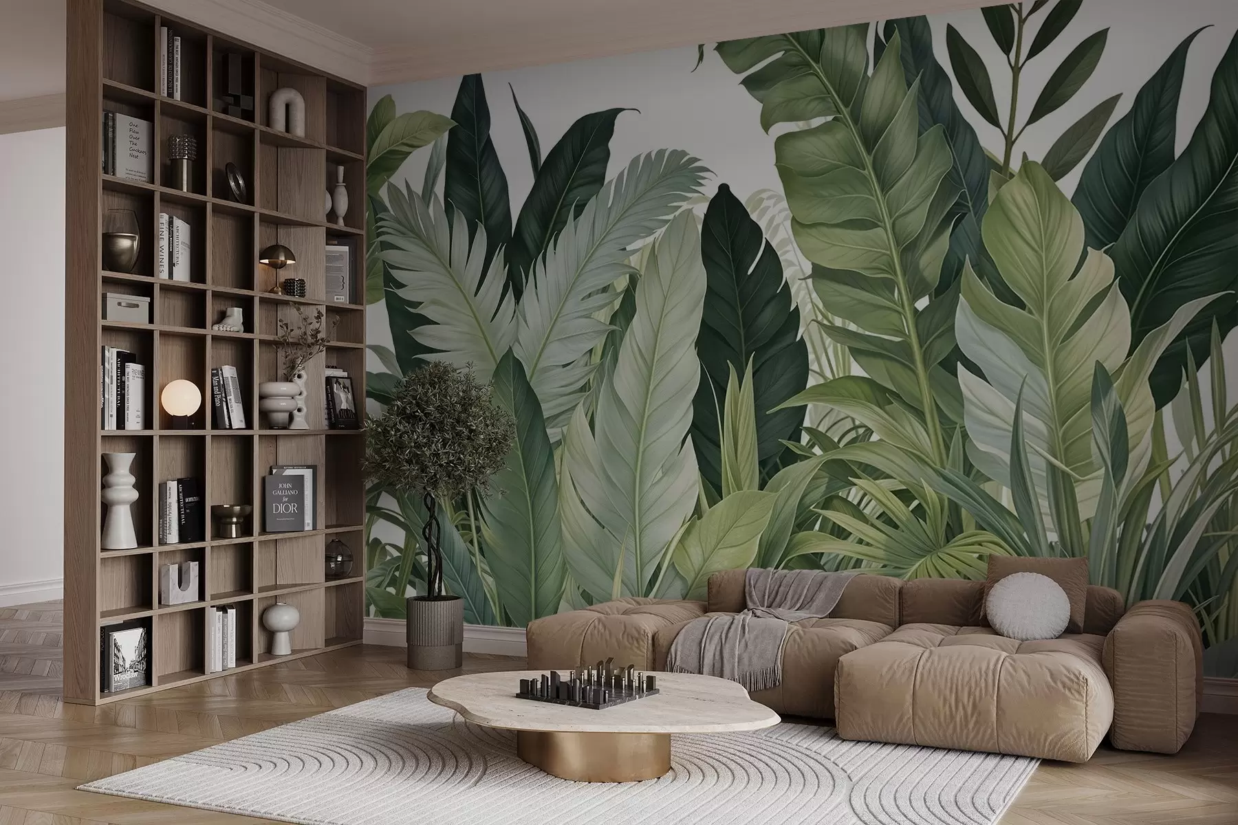 zidne murale Tropsko lišće s raznim velikim zelenim lišćem, uključujući lišće banane, lišće palme i druge egzotične biljne vrste w08609