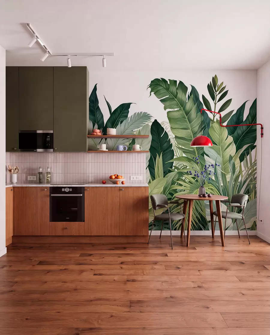 zidne murale Tropsko lišće s raznim velikim zelenim lišćem, uključujući lišće banane, lišće palme i druge egzotične biljne vrste w08609