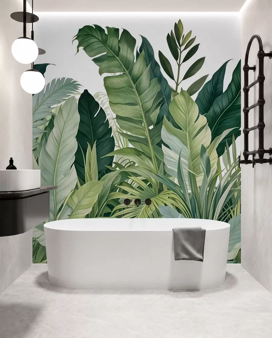 zidne murale Tropsko lišće s raznim velikim zelenim lišćem, uključujući lišće banane, lišće palme i druge egzotične biljne vrste w08609