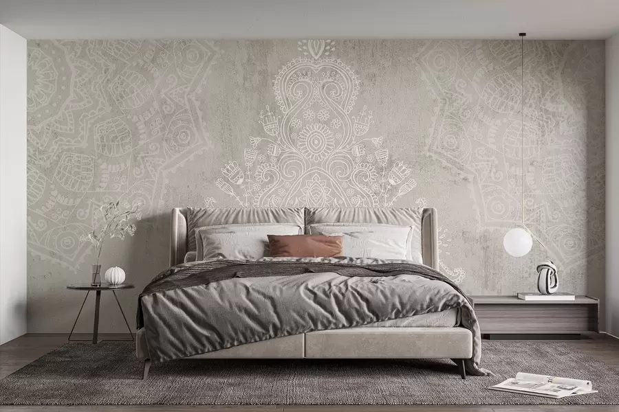 zidne murale Detaljan, zamršen otisak mandale od bijele čipke na svijetlo bež teksturiranoj apstraktnoj pozadini w08614