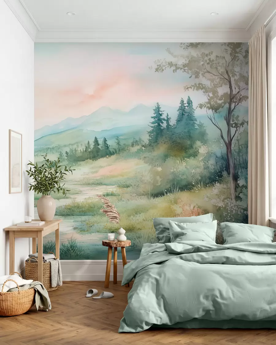 zidne murale akvarel pejzaž sa stazom i planinama w02764