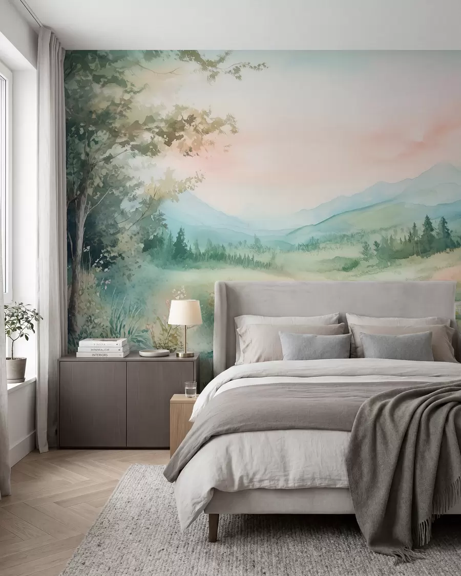 zidne murale akvarel pejzaž sa stazom i planinama w02764