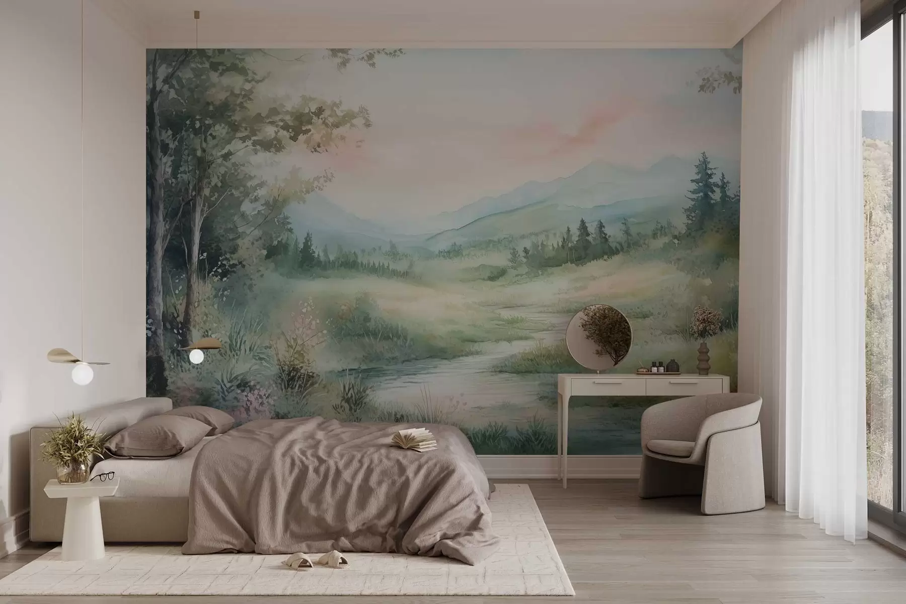 zidne murale akvarel pejzaž sa stazom i planinama w02764