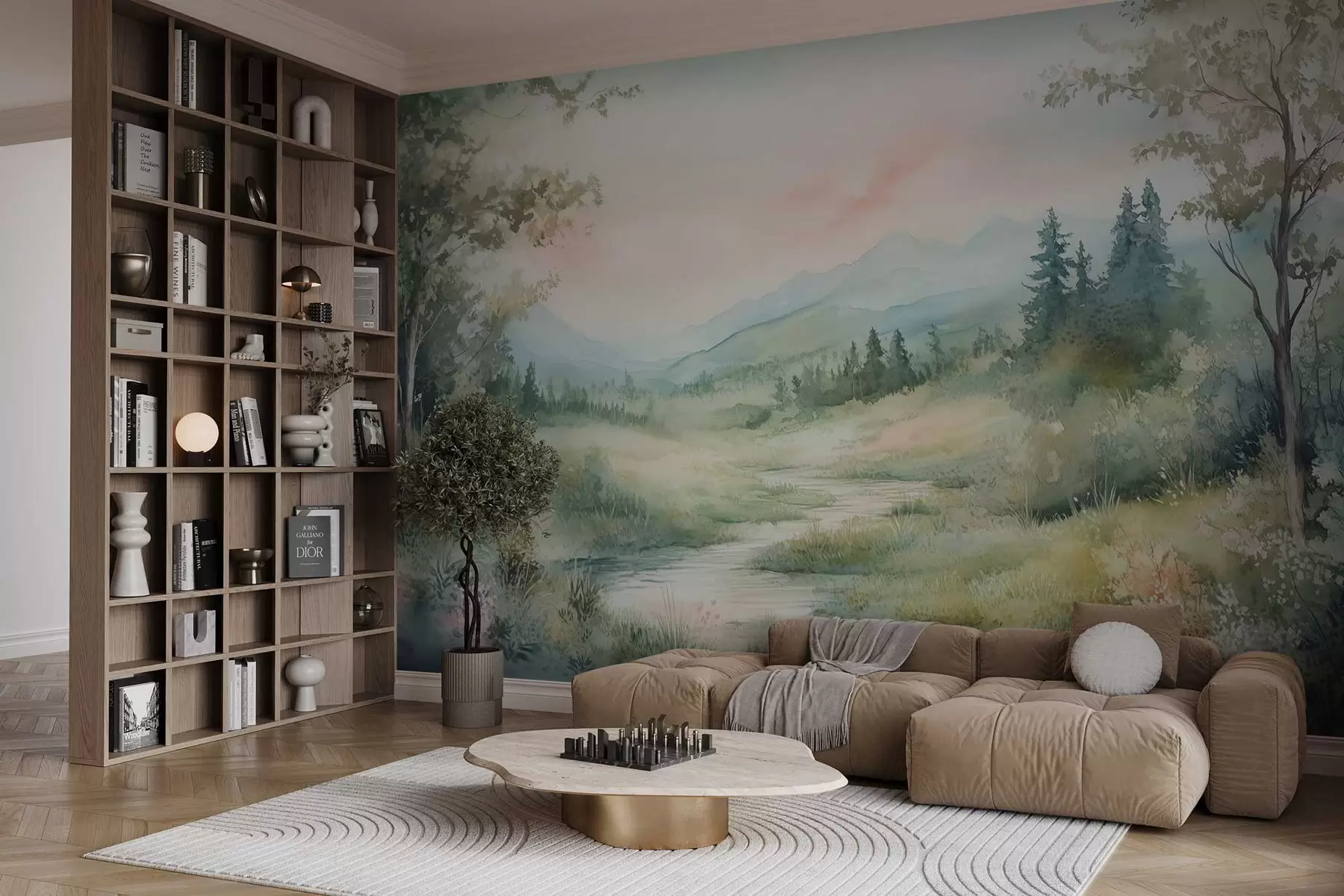 zidne murale akvarel pejzaž sa stazom i planinama w02764